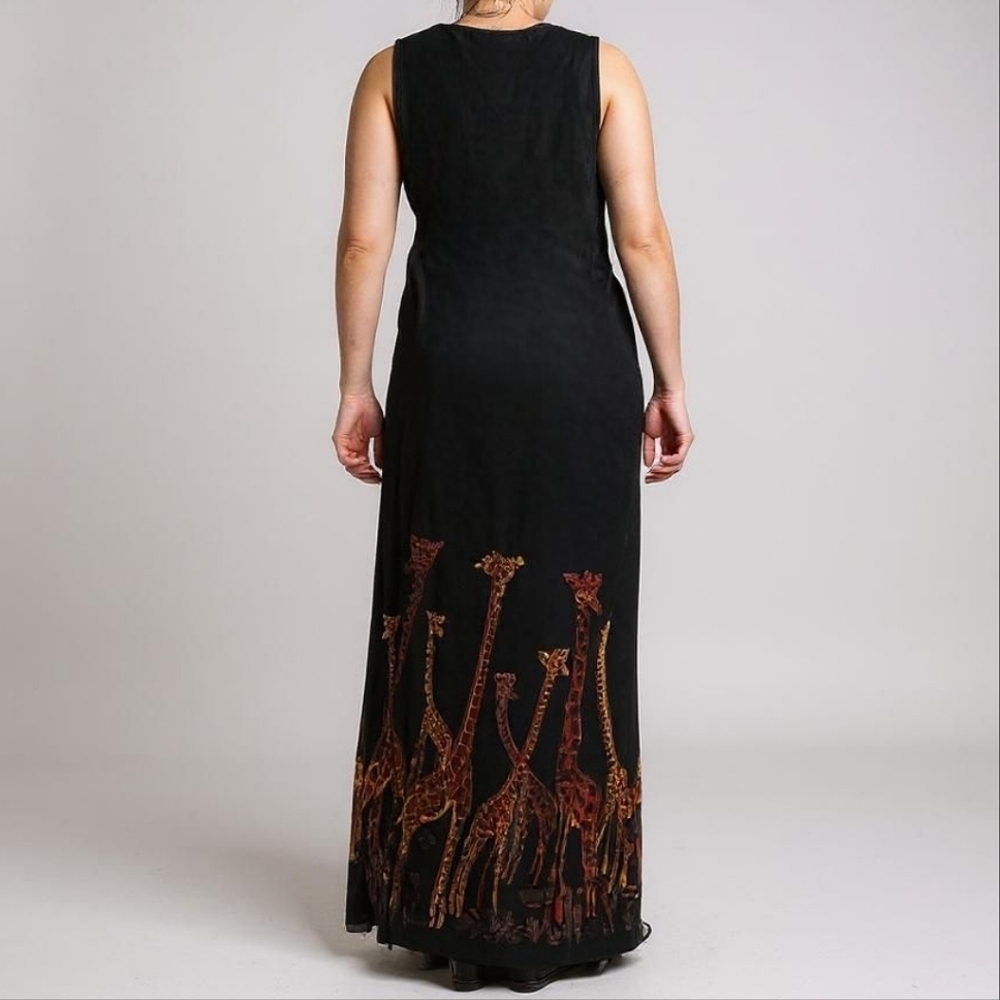 Vintage Giraffe Animal Print Maxi Dress Red Black Size Medium - Picture 2 of 2